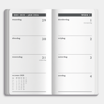 Afsprakenagenda 2026 pocket A6 met een zwarte lederlook afwerking – binnenwerk met weekoverzicht.