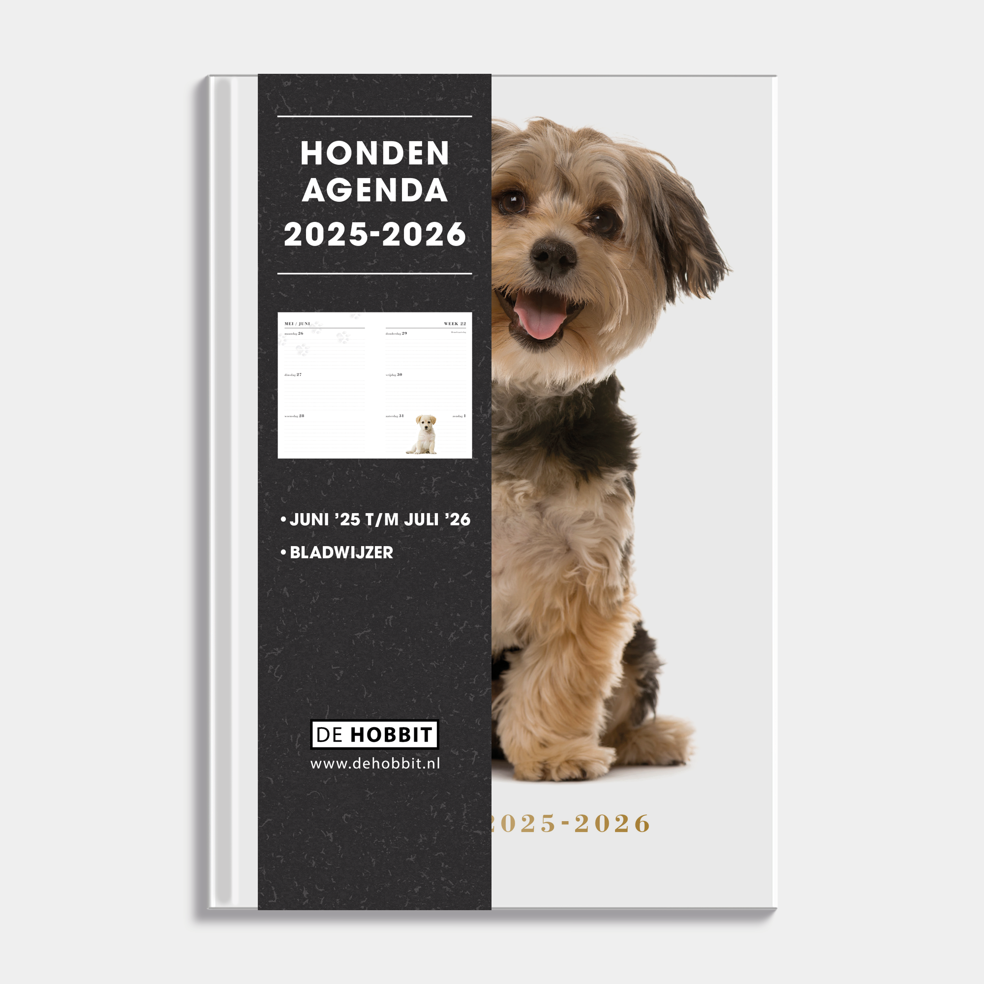 Honden agenda 2025-2026 met foto van lieve hond met harde cover – vooraanzicht met informatieve banderol.