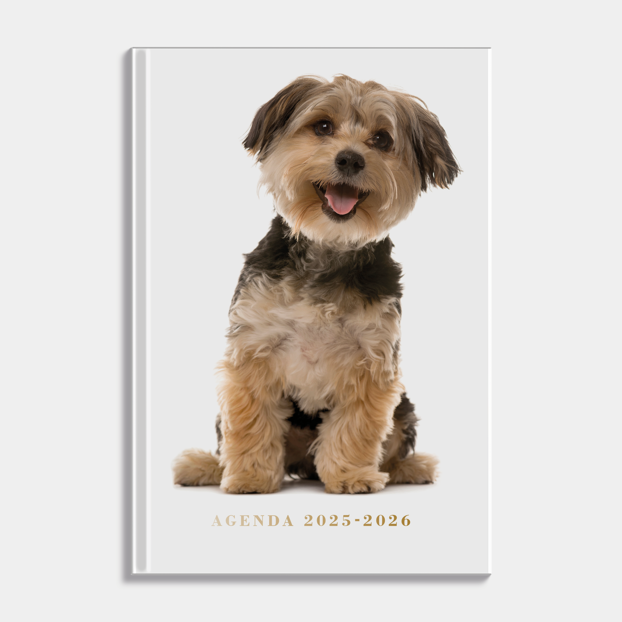 Honden agenda 2025-2026 met foto van lieve hond met harde cover – vooraanzicht.