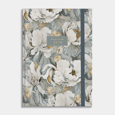 personeelsplanner 2026 in A4 formaat met ontwerp van witte pioenen op grijsblauwe achtergrond, harde cover en elastische sluiting – vooraanzicht.