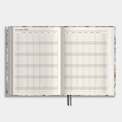 personeelsplanner 2026 in A4 formaat met ontwerp van witte pioenen op grijsblauwe achtergrond – jaarplanner.