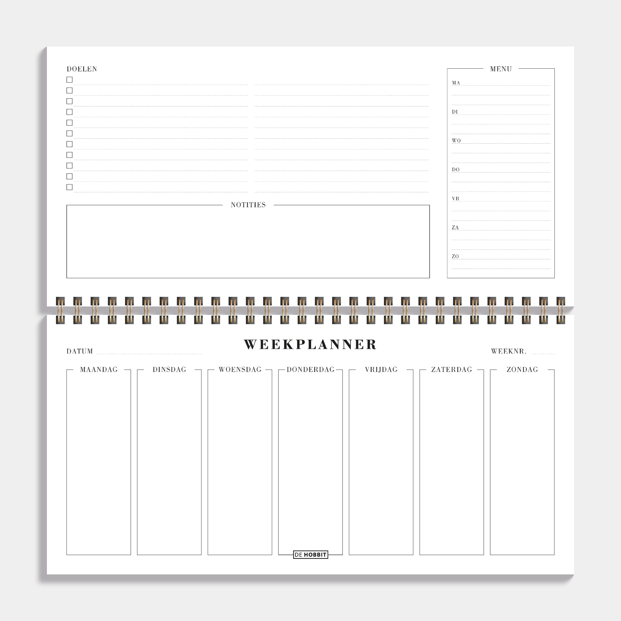 Bureauplanner undated met zwarte lederlook cover – binnenwerk met weekplanner, weekmenu, doelen en notities.