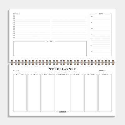 Bureauplanner undated met zwarte lederlook cover – binnenwerk met weekplanner, weekmenu, doelen en notities.