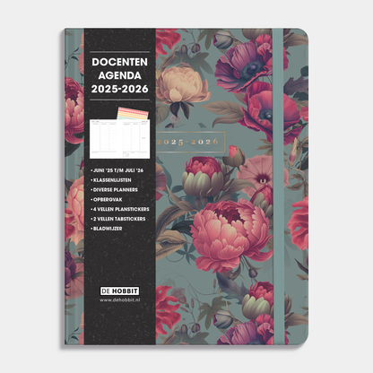 Docentenagenda 2025-2026 A4 met klassieke print van rode bloemen, harde cover en elastische sluiting – vooraanzicht met informatieve banderol.