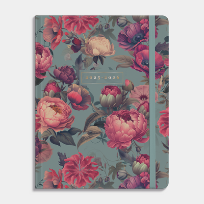 Docentenagenda 2025-2026 A4 met klassieke print van rode bloemen, harde cover en elastische sluiting – vooraanzicht.