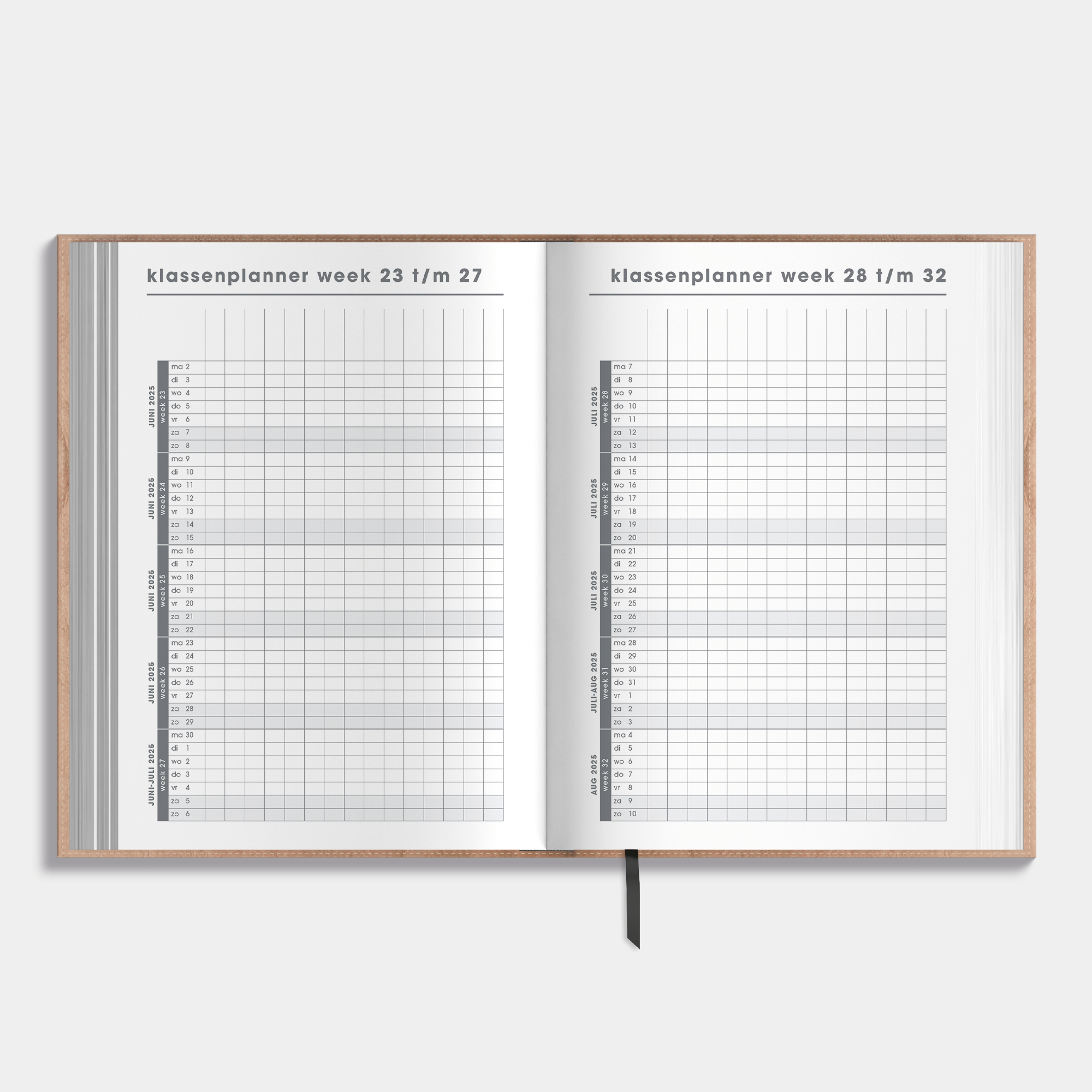 Docentenagenda 2025-2026 A5 met flexibele bruine washed craft coverhoes – binnenwerk met klassenplanner.