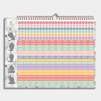 Familieplanner 2025-2026 A3 met klaprozen print voor 5 personen – stickervel met 354 stickers.