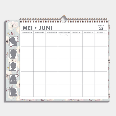 Familieplanner 2025-2026 A3 met klaprozen print voor 5 personen – binnenwerk met weekoverzicht.