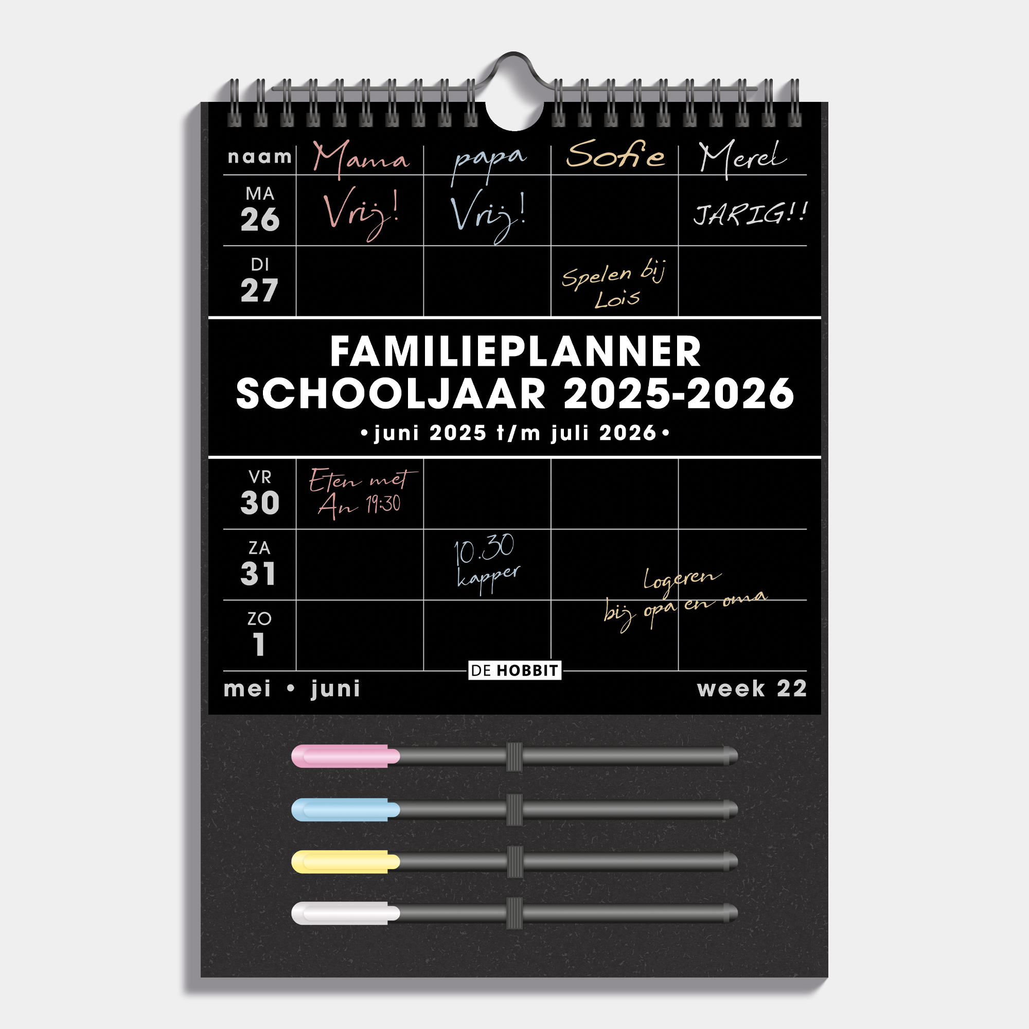 FAMILIEPLANNER MARKERS 2025-2026 A4+ ZWART