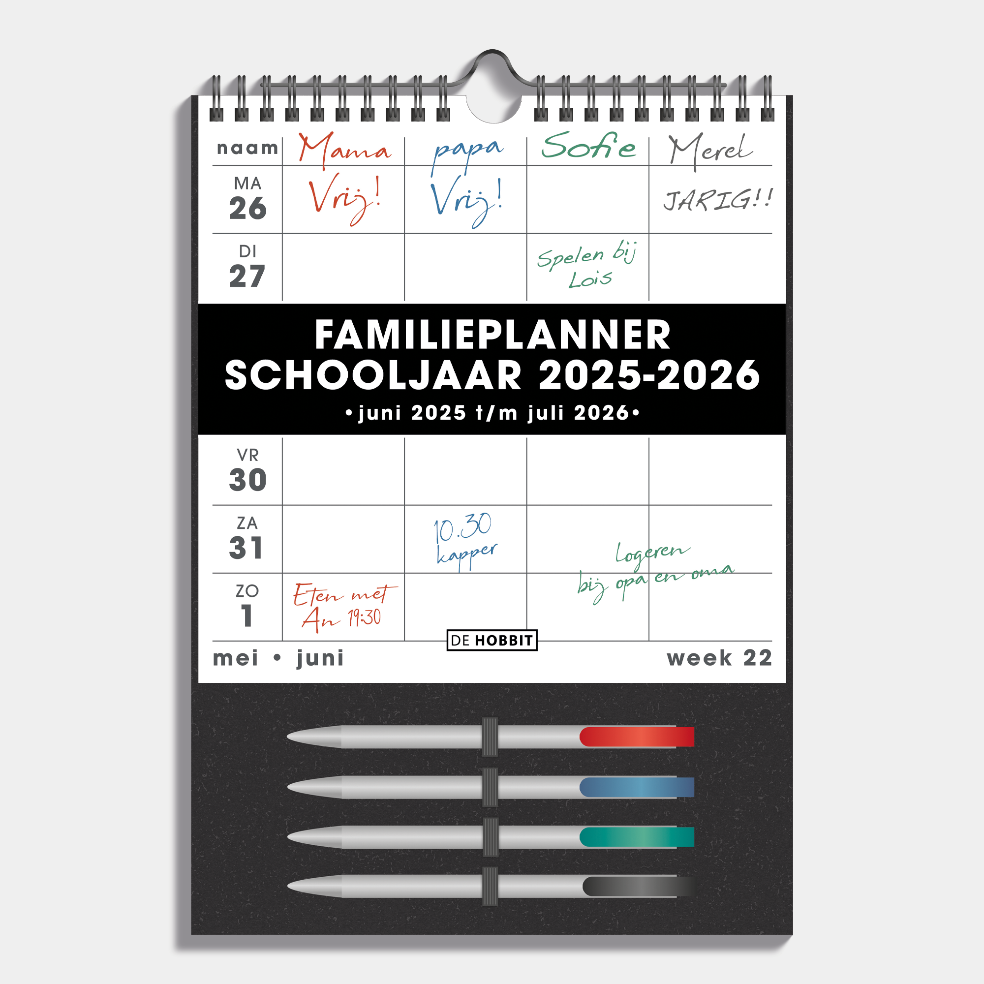 FAMILIEPLANNER MARKERS 2025-2026 A4+ ZWART/WIT