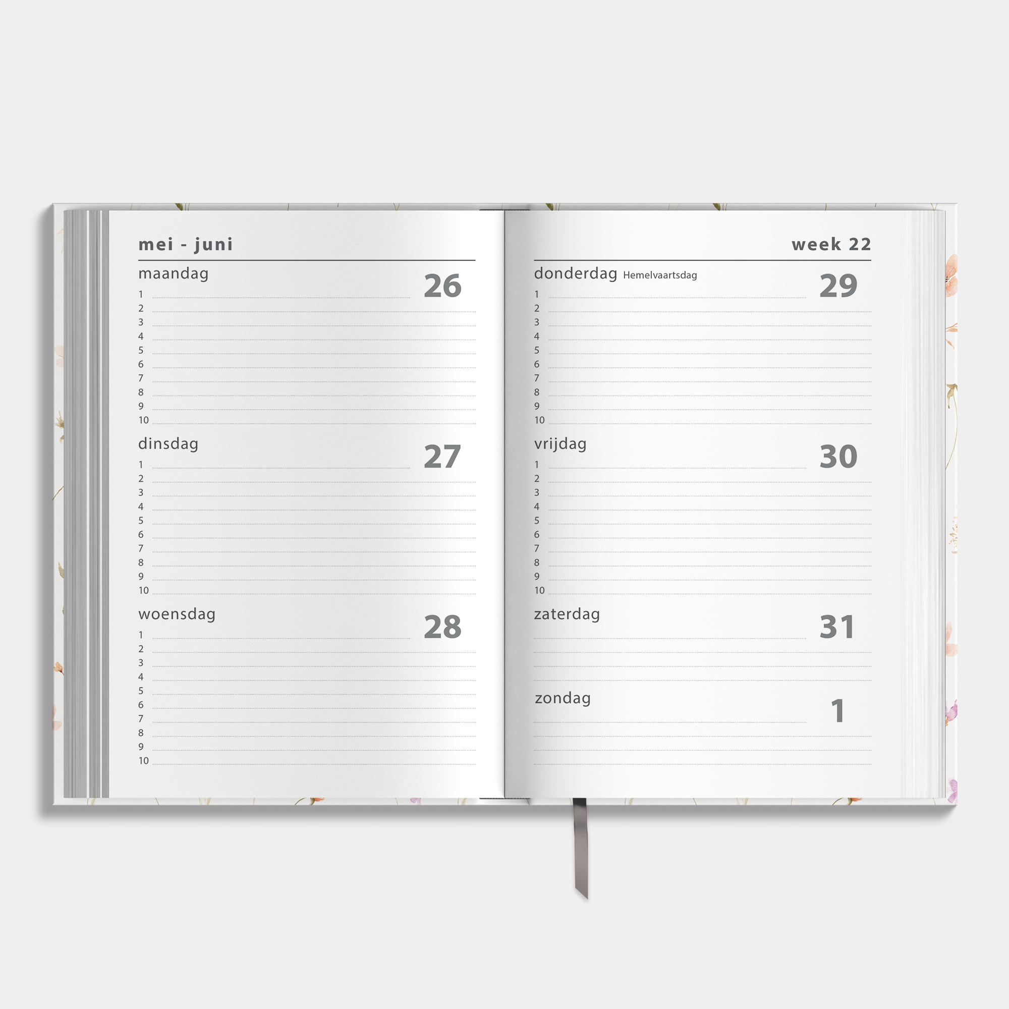 Luxe A5 schoolagenda 2025-2026 met aquarel bloemenprint en harde cover – binnenwerk met weekoverzicht.