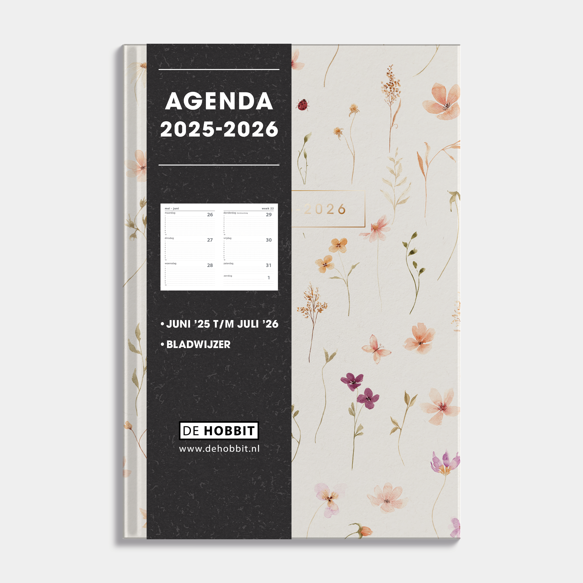 Luxe A5 schoolagenda 2025-2026 met aquarel bloemenprint en harde cover – vooraanzicht met informatieve banderol.