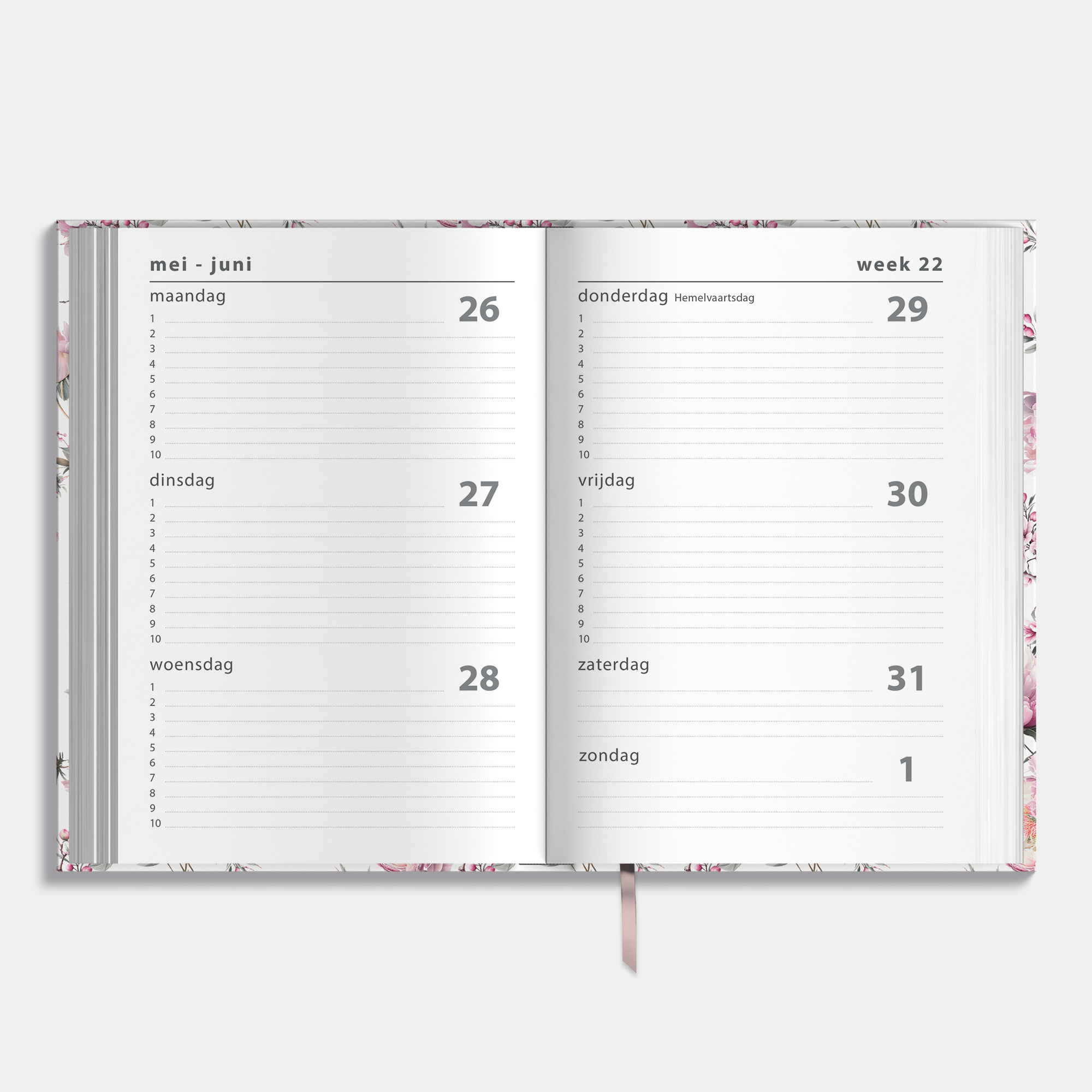 Luxe A5 schoolagenda 2025-2026 met kersenbloesemprint en harde cover – binnenwerk met weekoverzicht.