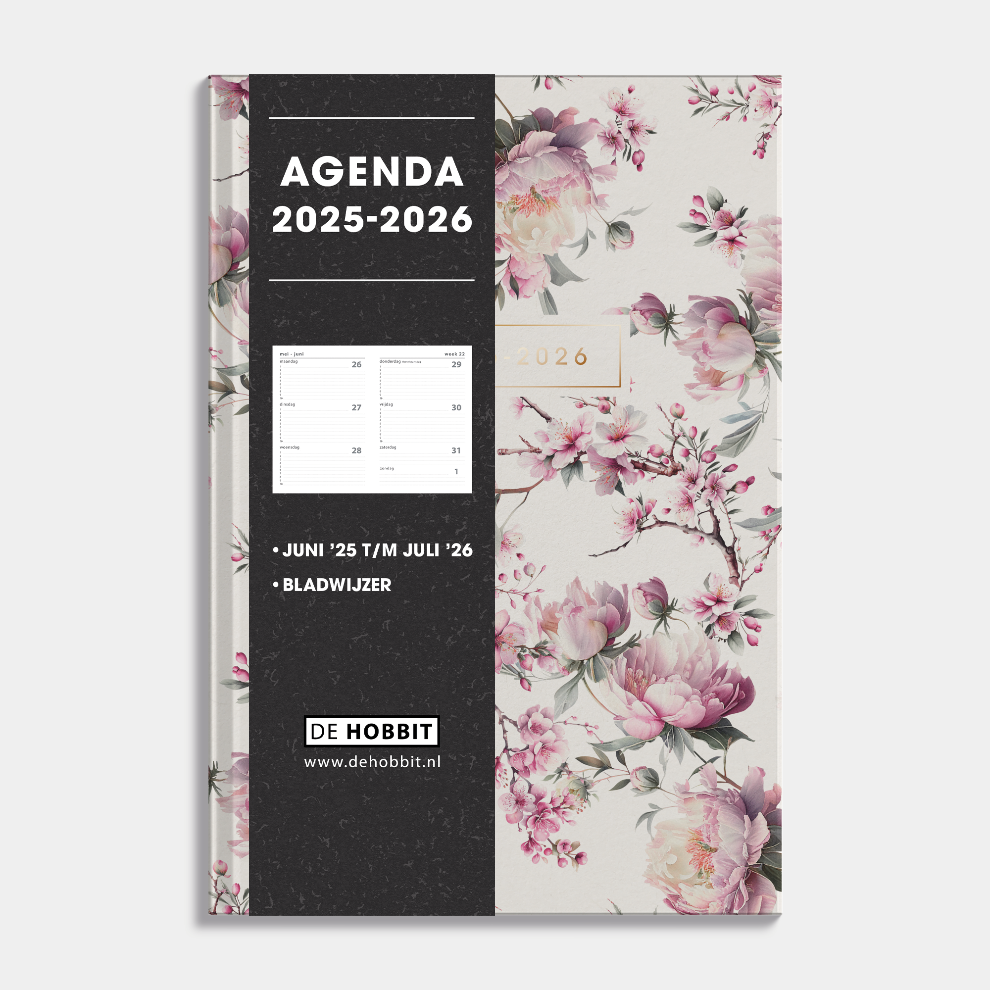 Luxe A5 schoolagenda 2025-2026 met kersenbloesemprint en harde cover – vooraanzicht met informatieve banderol.