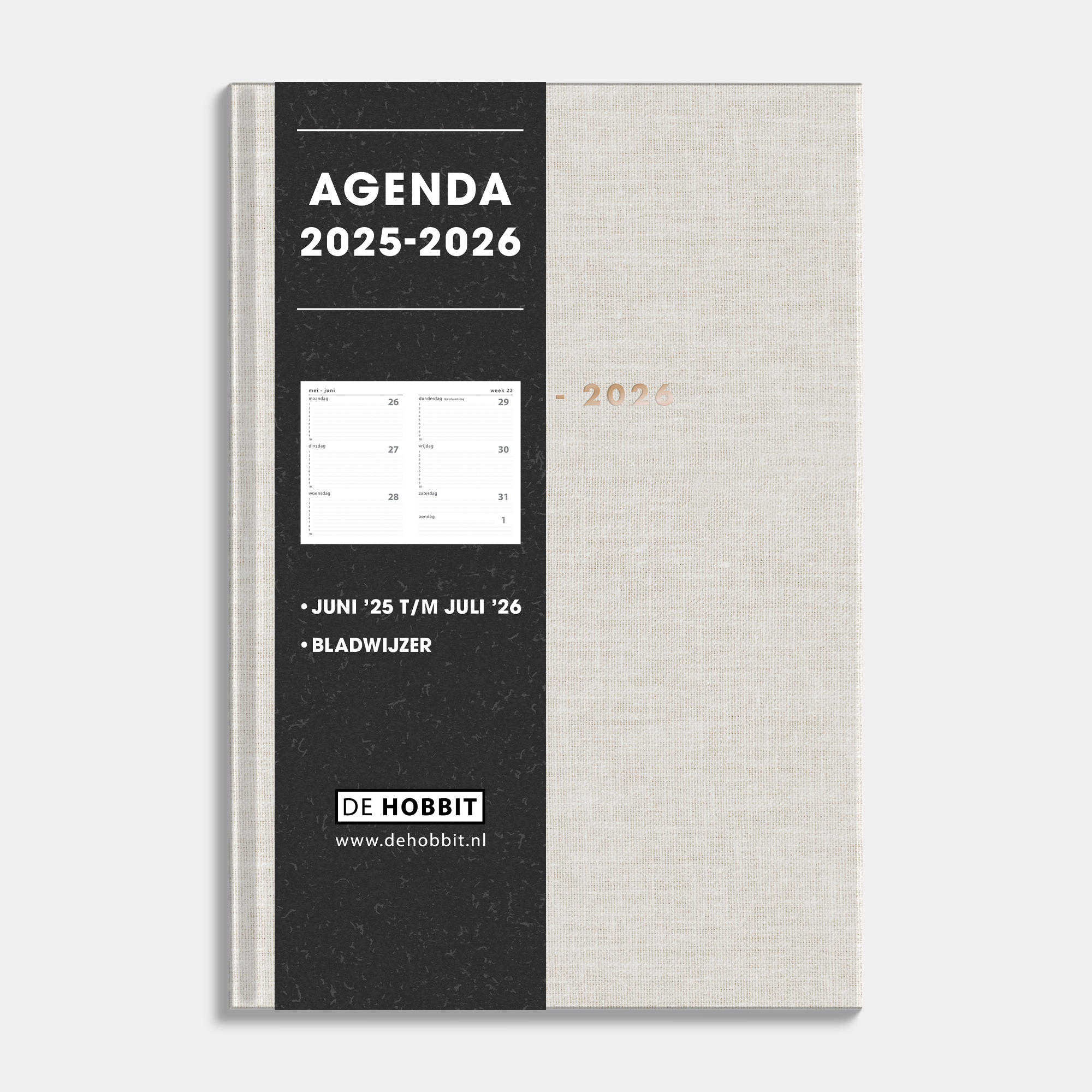 Luxe A5 schoolagenda 2025-2026 met crèmekleurige linnen afwerking en harde cover – vooraanzicht met informatieve banderol.