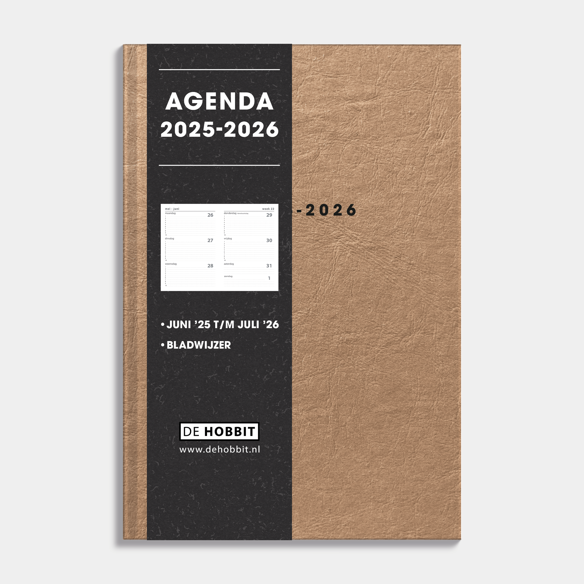 Luxe A5 schoolagenda 2025-2026 met bruine washed craft afwerking en harde cover – vooraanzicht met informatieve banderol.