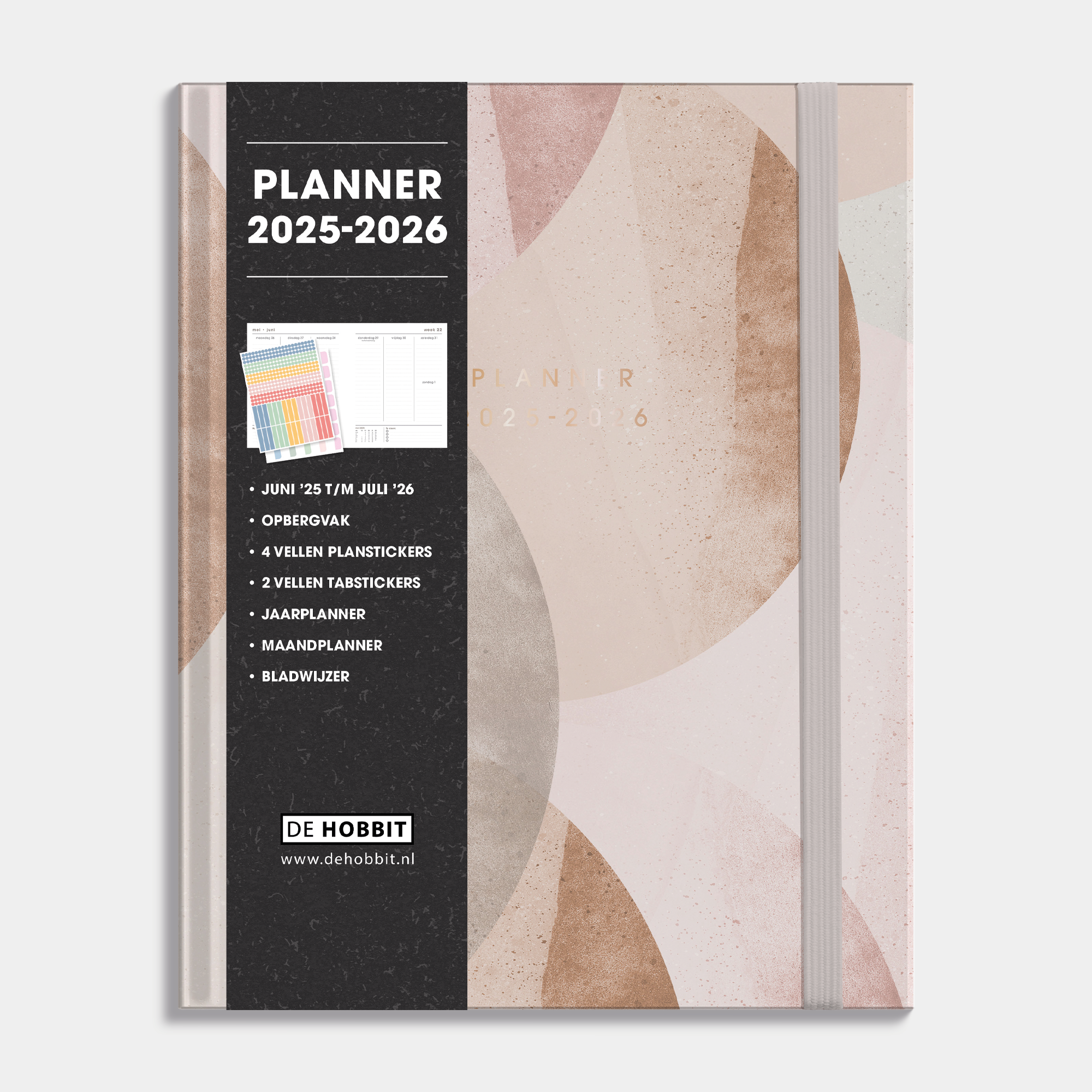 Luxe weekplanner 2025 - 2026 A5 met abstracte oudroze print, harde cover en elastische sluiting – vooraanzicht met informatieve banderol.