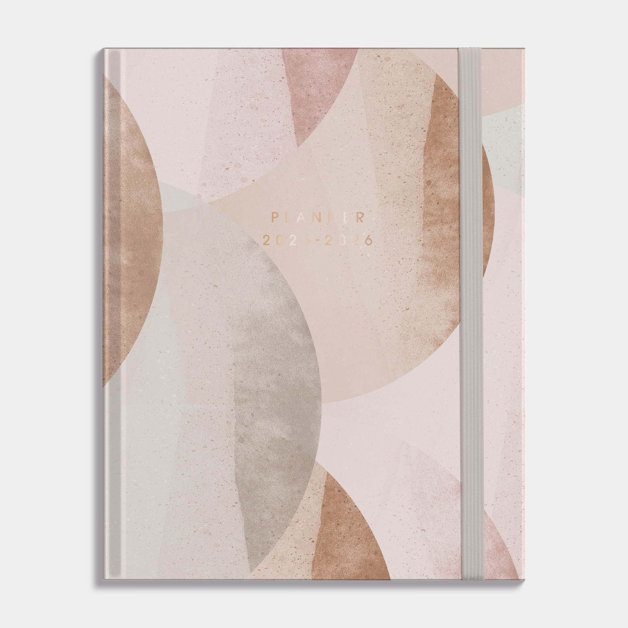 Luxe weekplanner 2025 - 2026 A5 met abstracte oudroze print, harde cover en elastische sluiting – vooraanzicht.