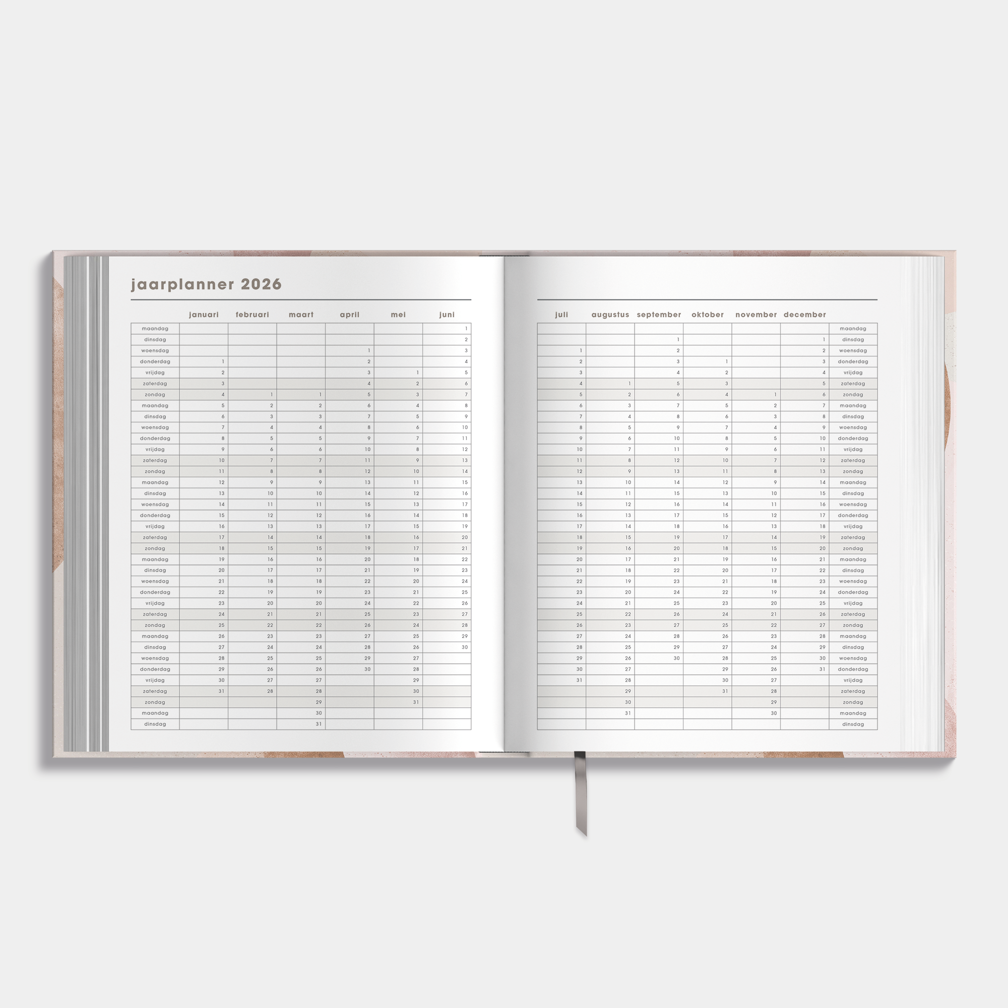 Luxe weekplanner 2025 - 2026 A5 met abstracte oudroze print – binnenwerk met jaarplanner.