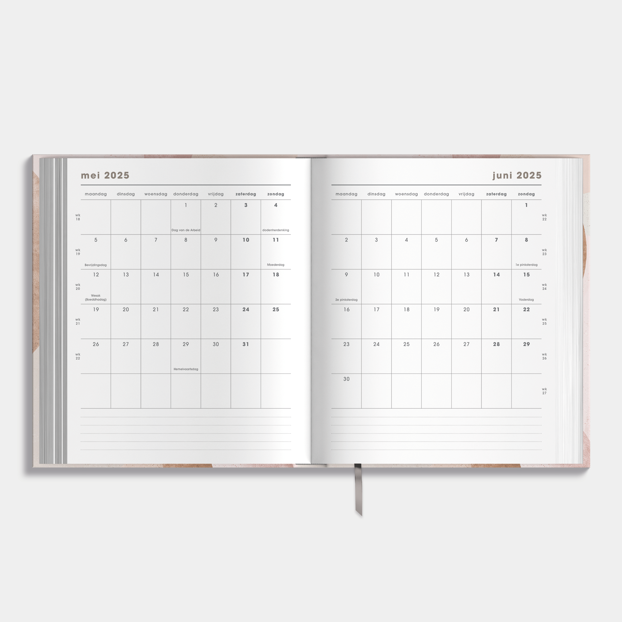 Luxe weekplanner 2025 - 2026 A5 met abstracte oudroze print – binnenwerk met maandplanner.