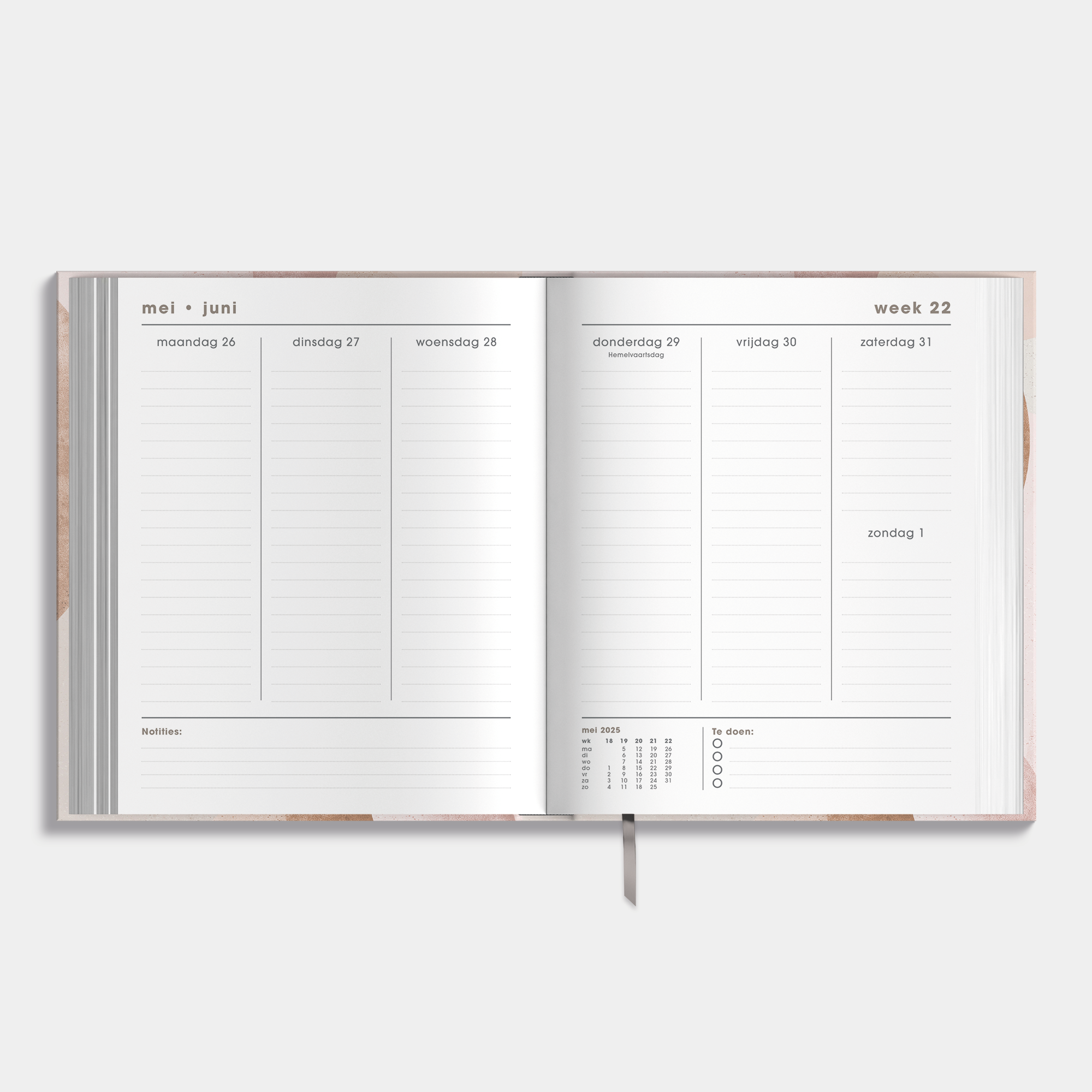 Luxe weekplanner 2025 - 2026 A5 met abstracte oudroze print – binnenwerk met weekoverzicht.