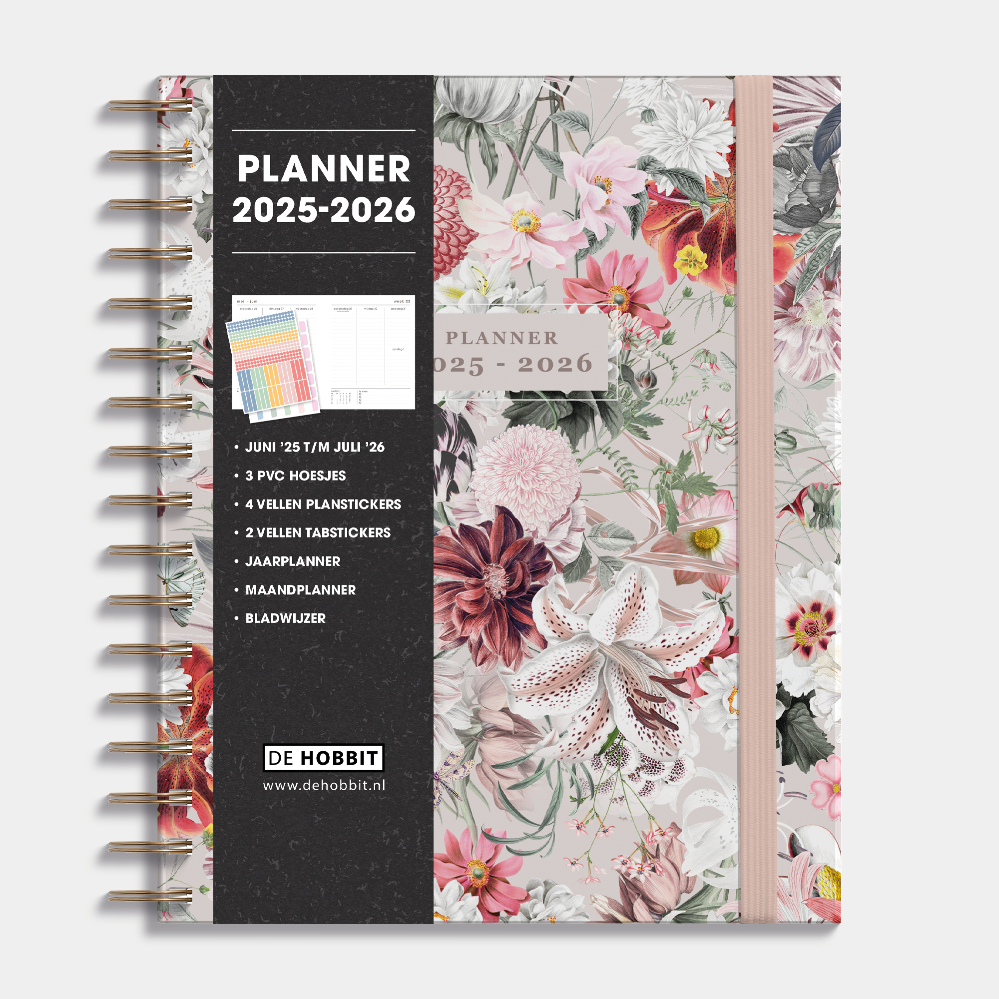 Luxe weekplanner 2025 - 2026 A5 met kleurrijke bloemenprint, harde cover en elastische sluiting – vooraanzicht met informatieve banderol.