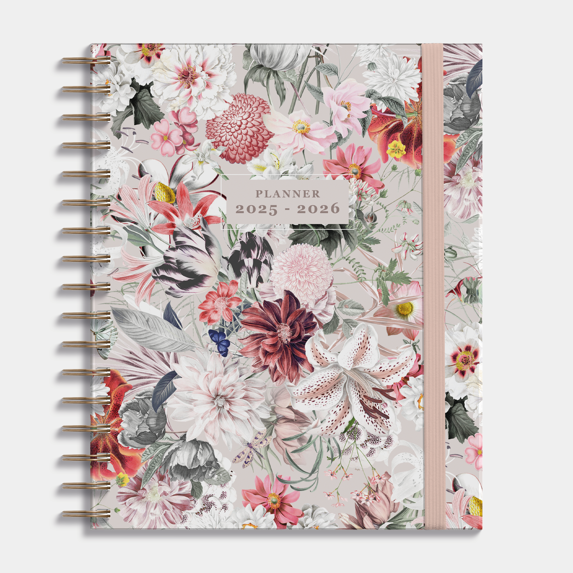 Luxe weekplanner 2025 - 2026 A5 met kleurrijke bloemenprint, harde cover en elastische sluiting – vooraanzicht.