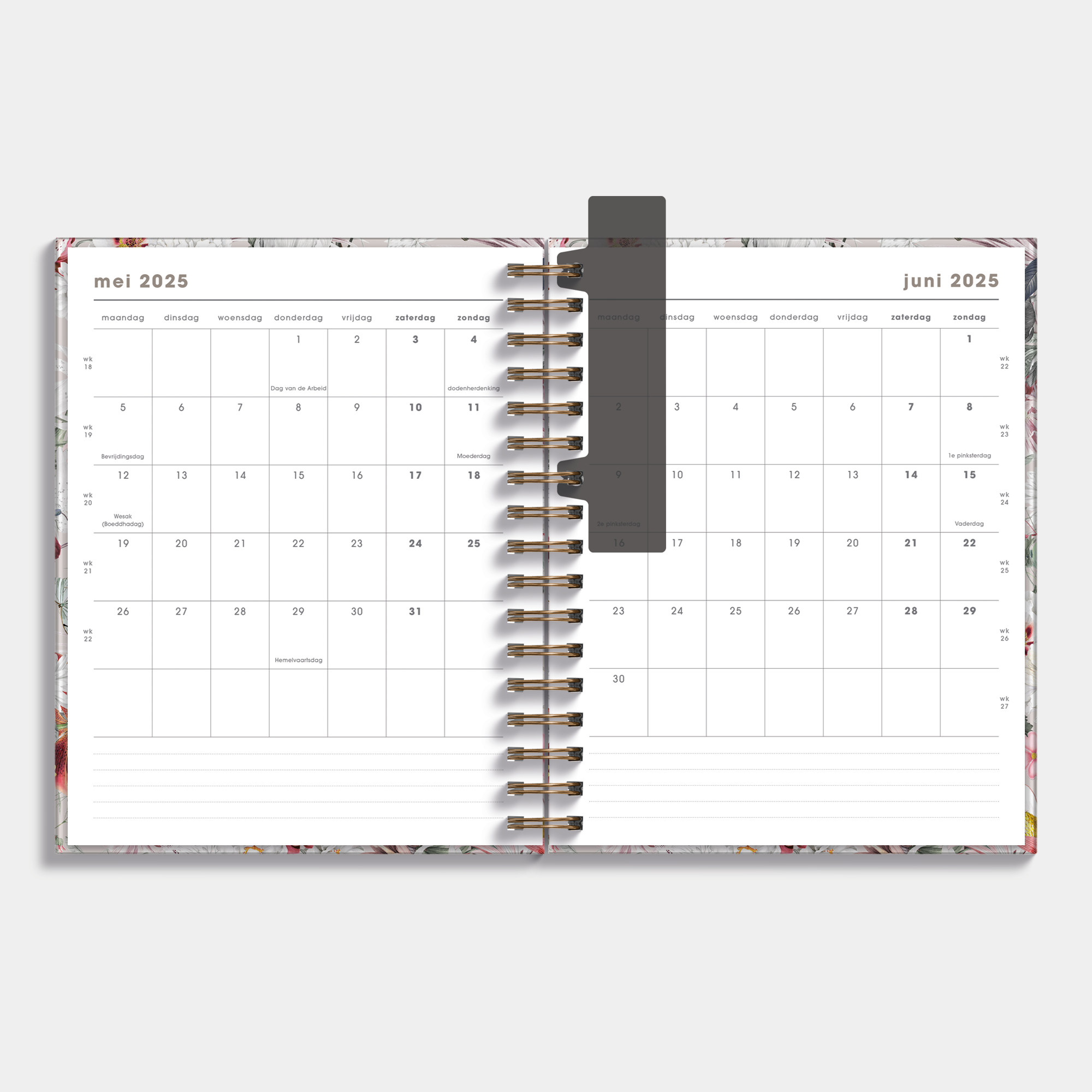 Luxe weekplanner 2025 - 2026 A5 met kleurrijke bloemenprint – binnenwerk met maandplanner.