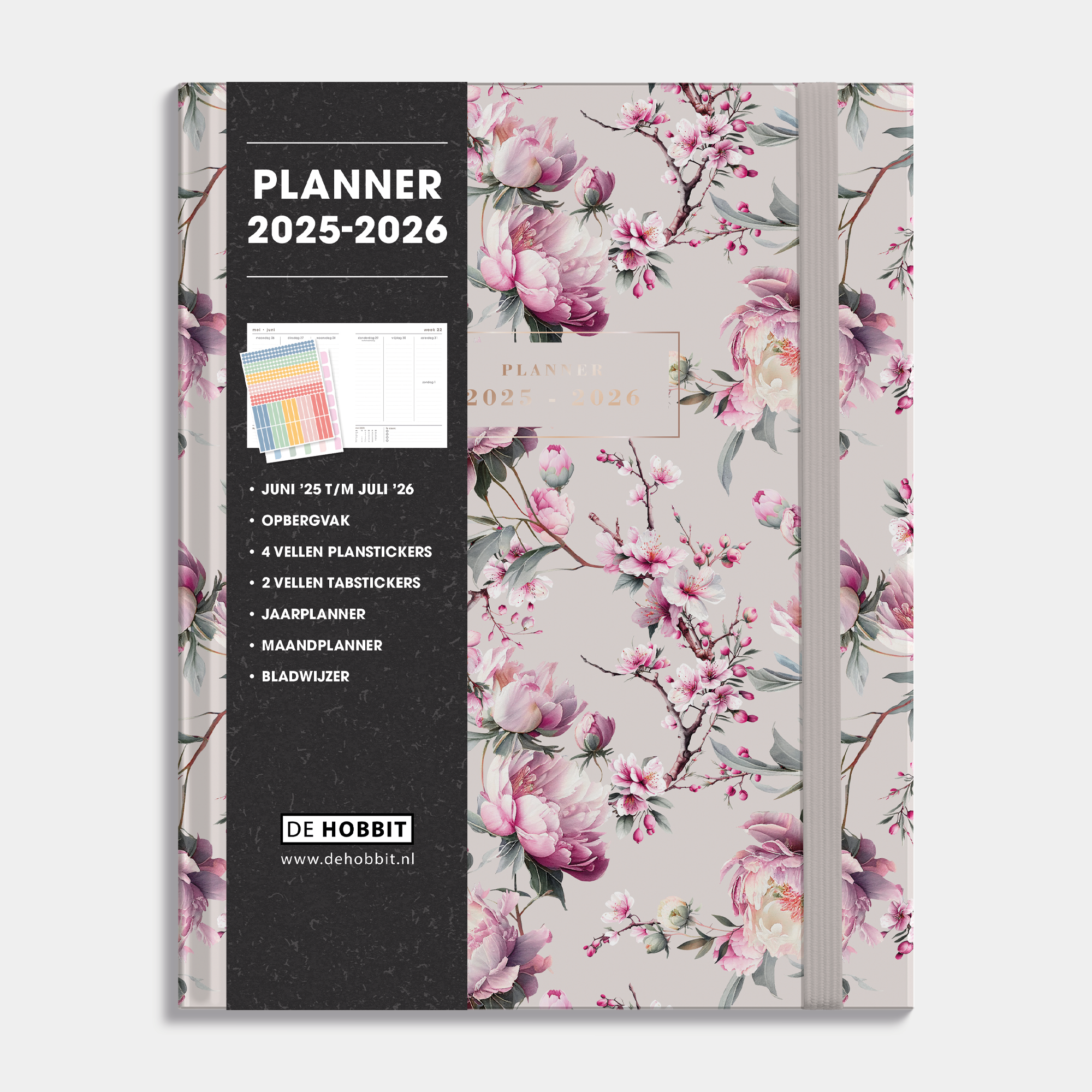 Luxe weekplanner 2025 - 2026 A5 met kersenbloesemprint, harde cover en elastische sluiting – vooraanzicht met informatieve banderol.