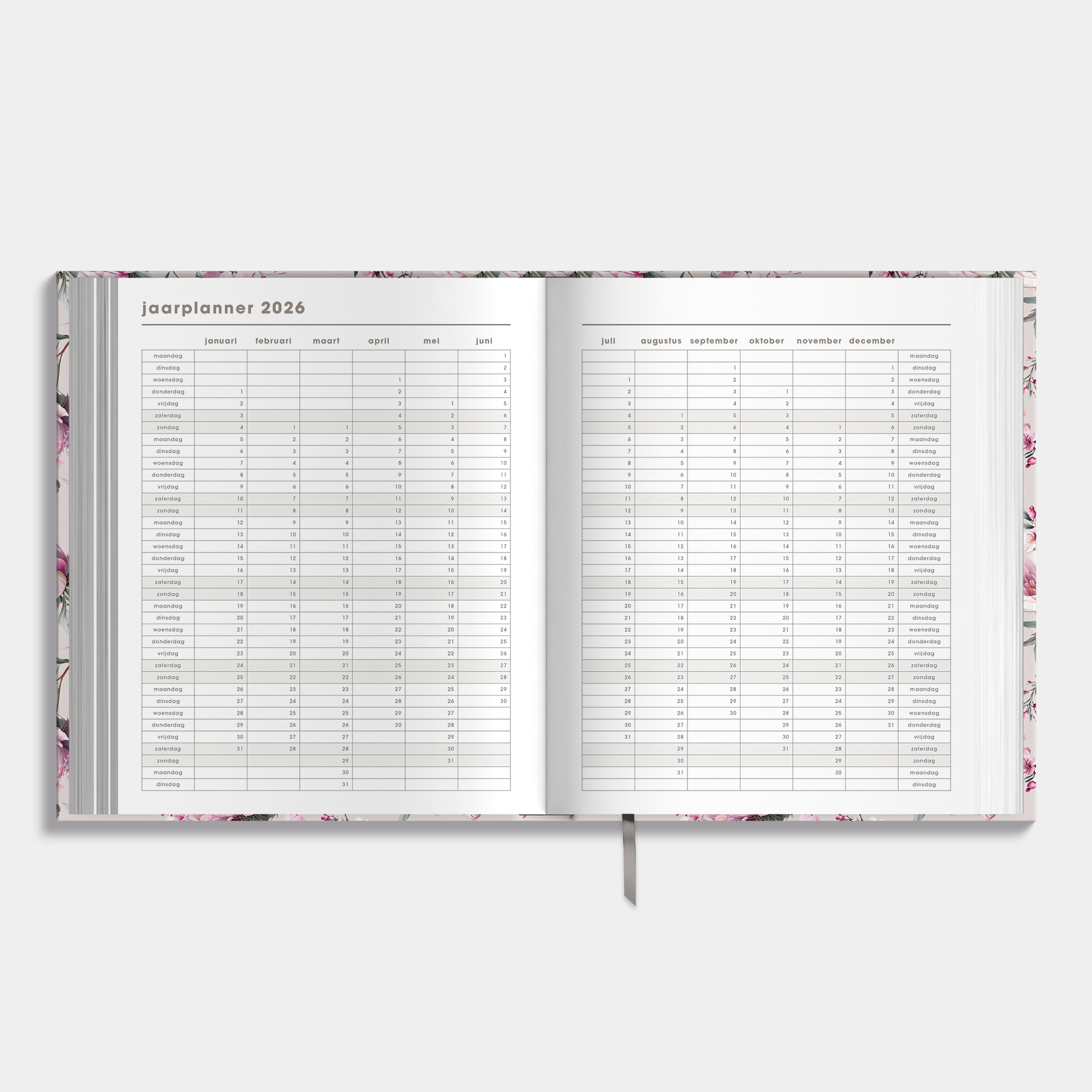 Luxe weekplanner 2025 - 2026 A5 met kersenbloesemprint – binnenwerk met jaarplanner.