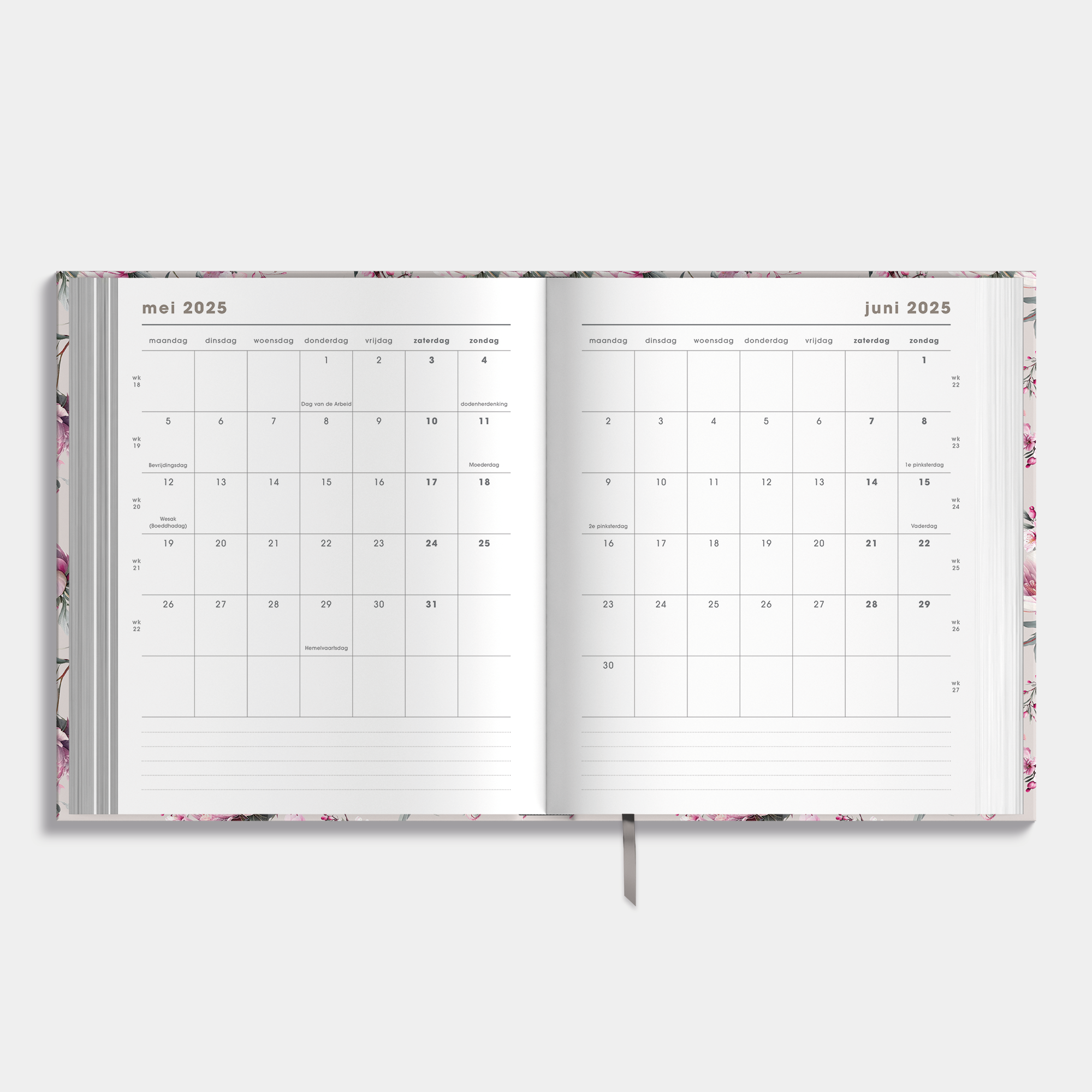 Luxe weekplanner 2025 - 2026 A5 met kersenbloesemprint – binnenwerk met maandplanner.