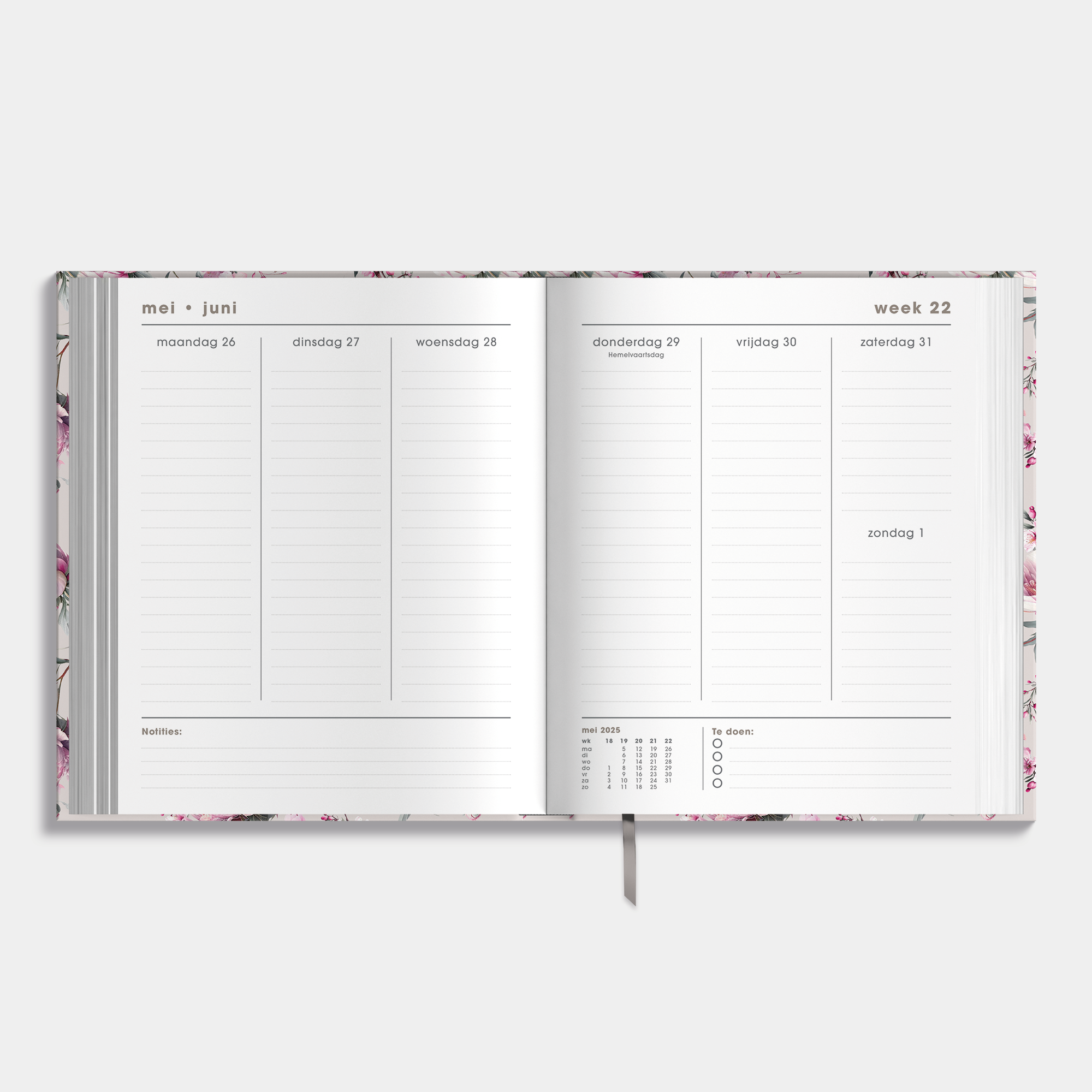 Luxe weekplanner 2025 - 2026 A5 met kersenbloesemprint – binnenwerk met weekoverzicht.