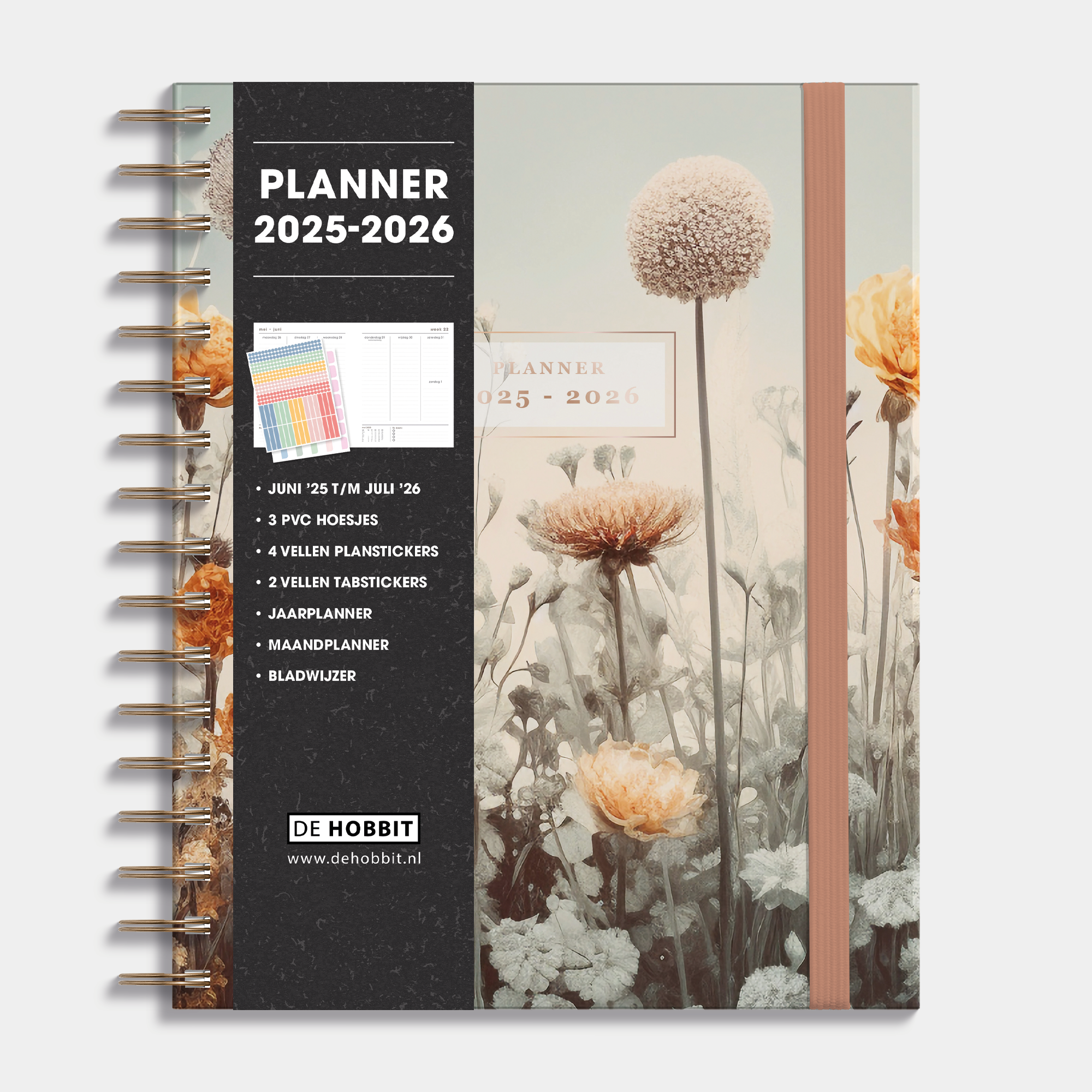 Luxe weekplanner 2025 - 2026 A5 met veldbloemenprint, harde cover en elastische sluiting – vooraanzicht met informatieve banderol.