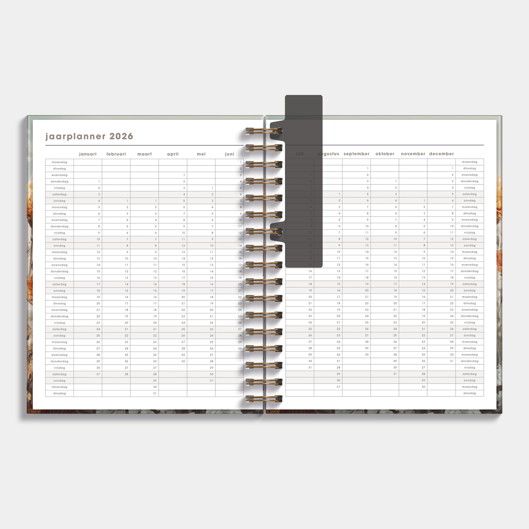 Luxe weekplanner 2025 - 2026 A5 met veldbloemenprint – binnenwerk met jaarplanner.