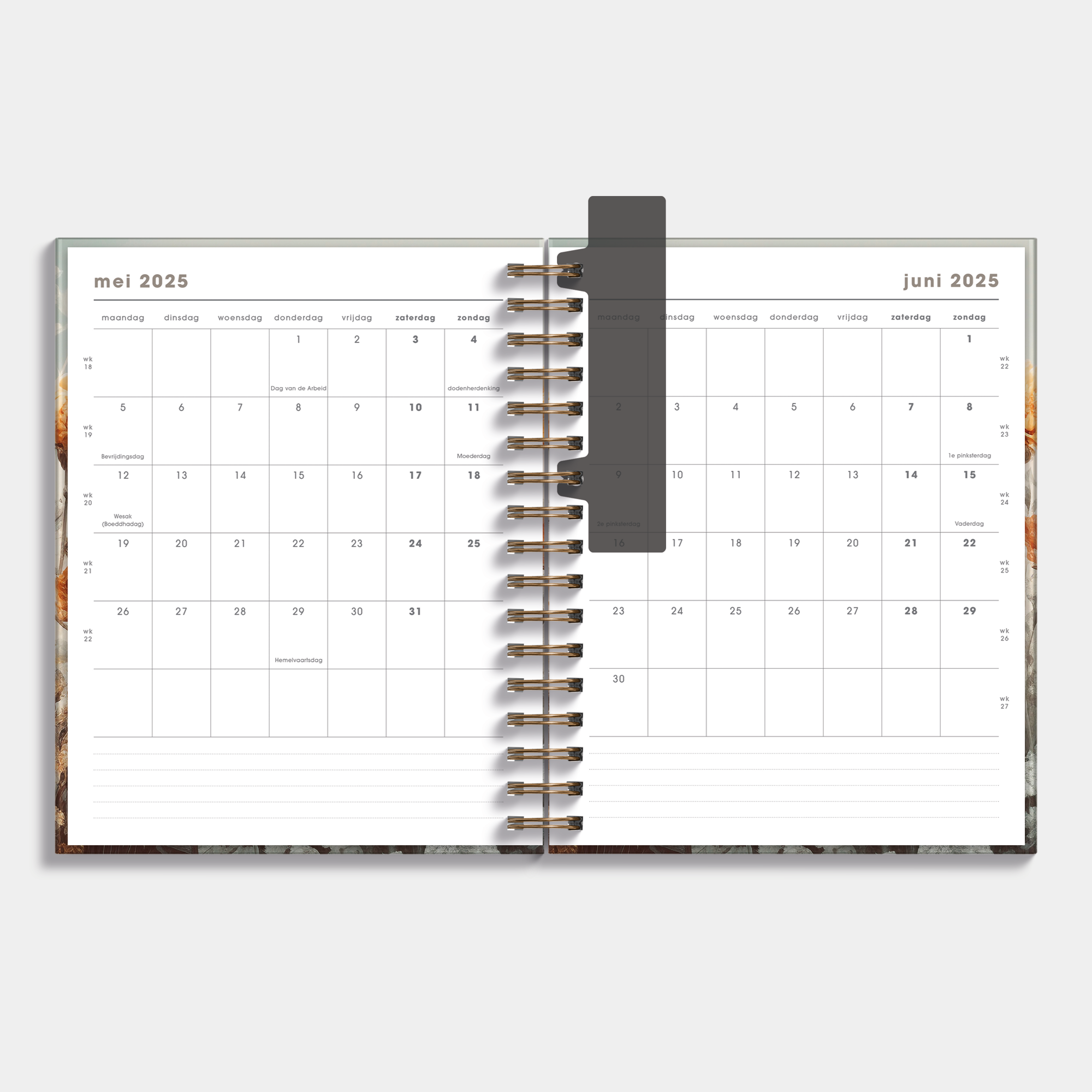 Luxe weekplanner 2025 - 2026 A5 met veldbloemenprint – binnenwerk met maandplanner.