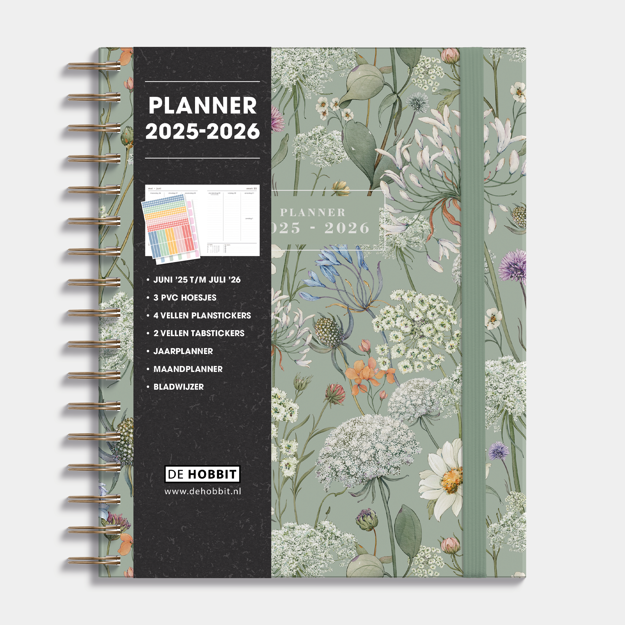 Luxe weekplanner 2025 - 2026 A5 met weidebloemenprint, harde cover en elastische sluiting – vooraanzicht met informatieve banderol.