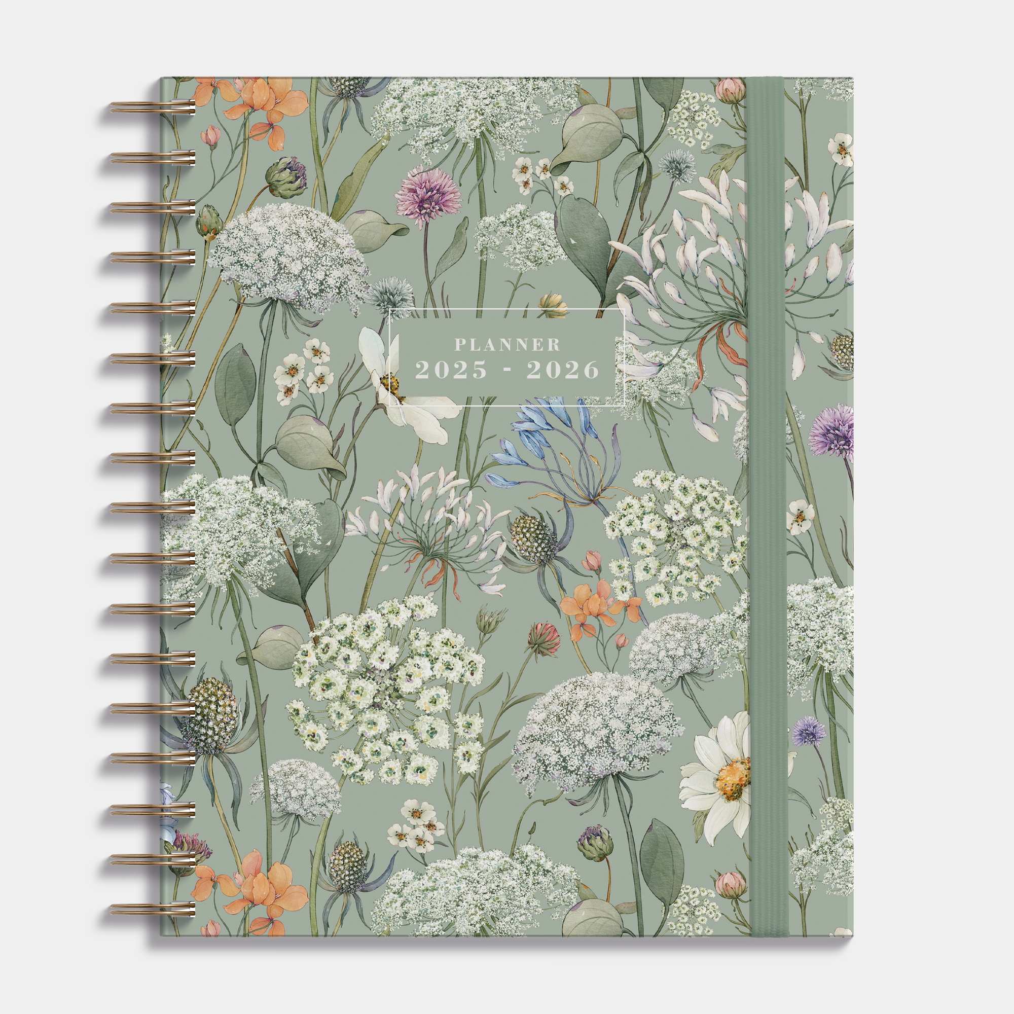 Luxe weekplanner 2025 - 2026 A5 met weidebloemenprint, harde cover en elastische sluiting – vooraanzicht.