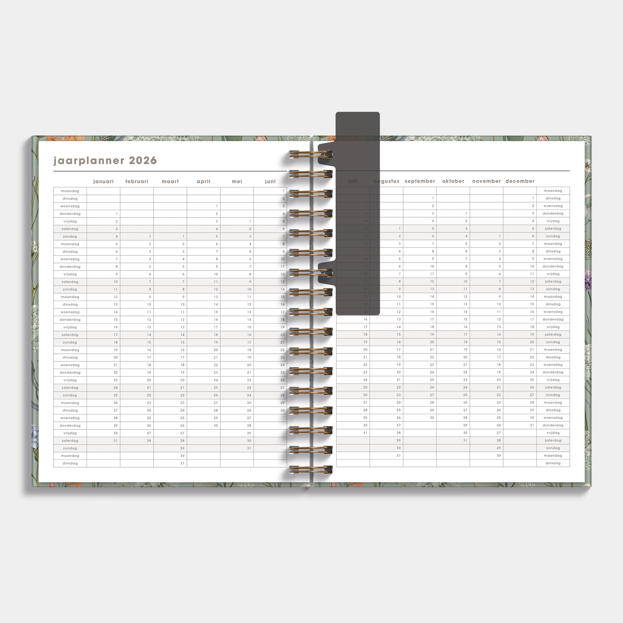 Luxe weekplanner 2025 - 2026 A5 met weidebloemenprint – binnenwerk met jaarplanner.