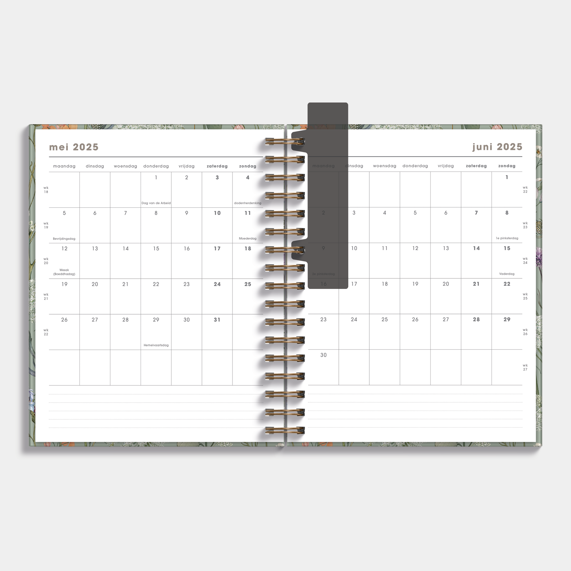 Luxe weekplanner 2025 - 2026 A5 met weidebloemenprint – binnenwerk met maandplanner.