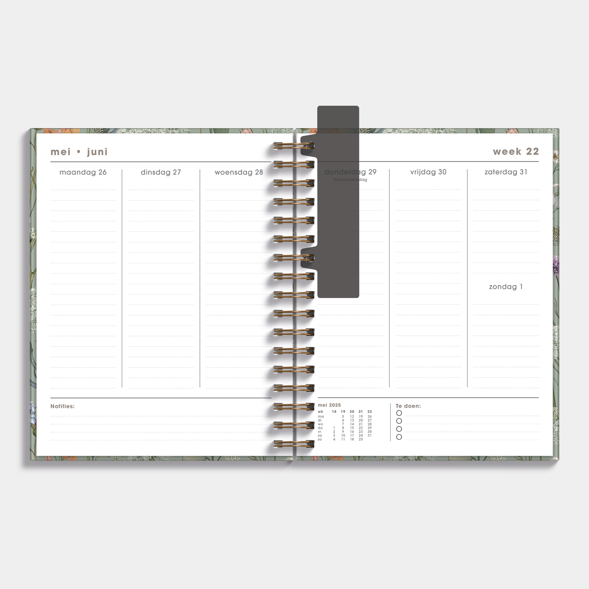 Luxe weekplanner 2025 - 2026 A5 met weidebloemenprint – binnenwerk met weekoverzicht.