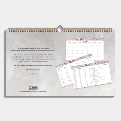 Maandkalender 2025 - 2026 A4 met kersenbloesemprint en metalen spiraal – achterblad.