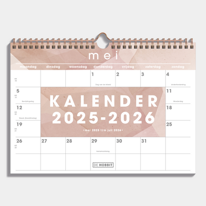 Maandkalender 2025 - 2026 A4 met abstracte oudroze print en metalen spiraal – vooraanzicht.