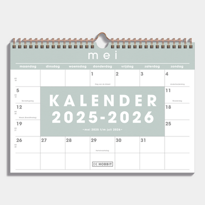 Maandkalender 2025 - 2026 A4 met grijsgroene accenten en metalen spiraal – vooraanzicht.