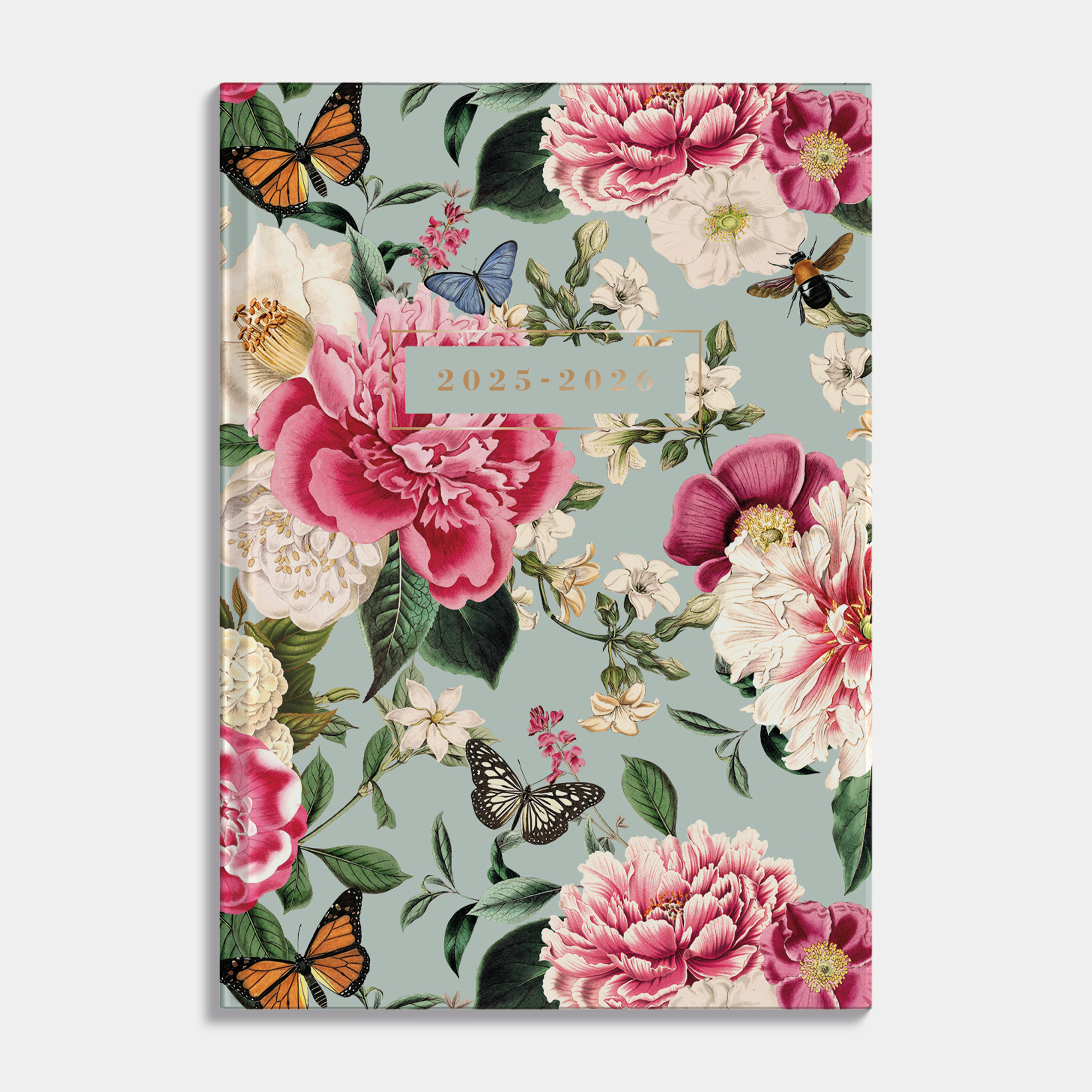 Mini agenda 2025-2026 met brocante bloemenprint en harde cover – vooraanzicht.