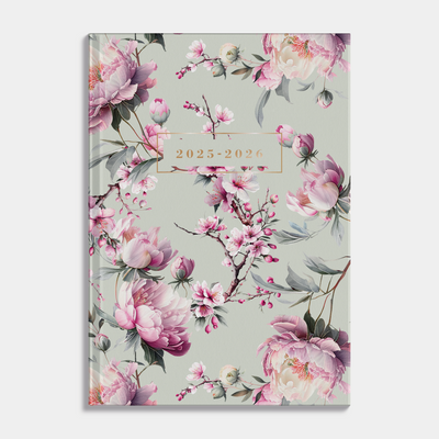Mini agenda 2025-2026 met kersenbloesemprint en harde cover – vooraanzicht.