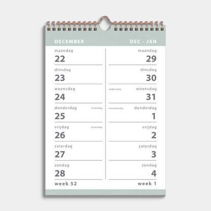 SPIRAALKALENDER 2026 2-WEEKS A4 GRIJSGROEN
