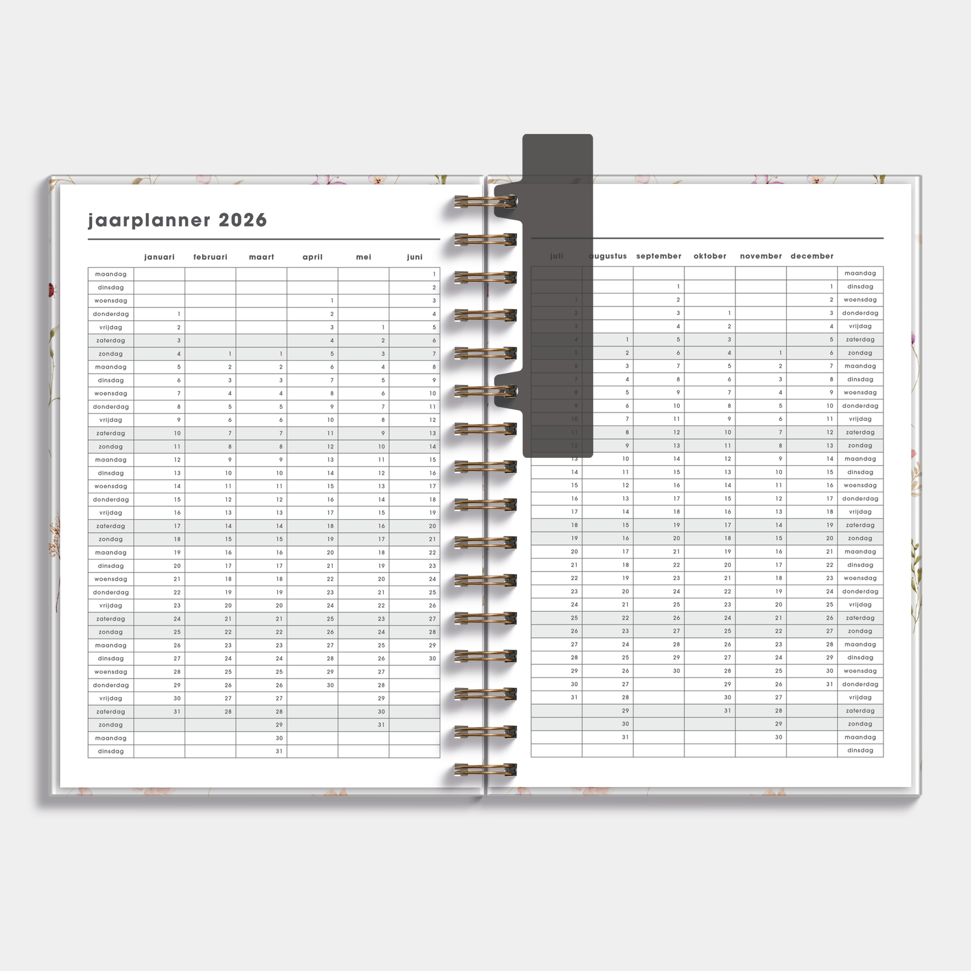 Ringband agenda 2025 - 2026 A5 met aquarel bloemetjes print – binnenwerk met jaarplanner.