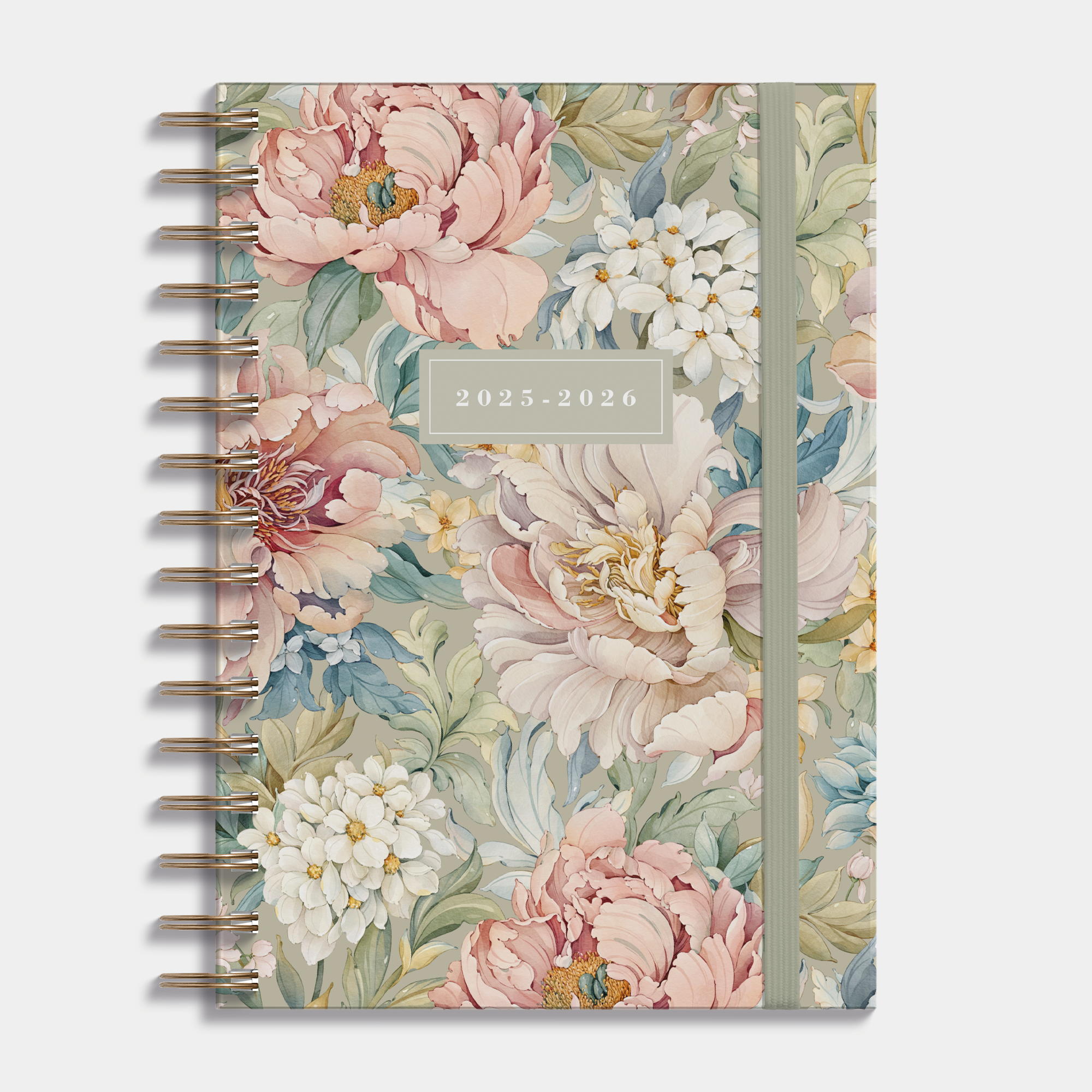 Ringband agenda 2025 - 2026 A5 met vintage bloemenprint, harde cover en elastische sluiting – vooraanzicht.