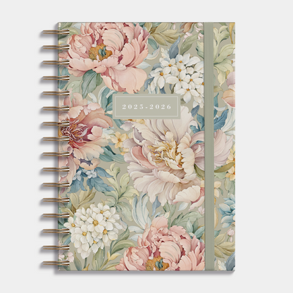 Ringband agenda 2025 - 2026 A5 met vintage bloemenprint, harde cover en elastische sluiting – vooraanzicht.