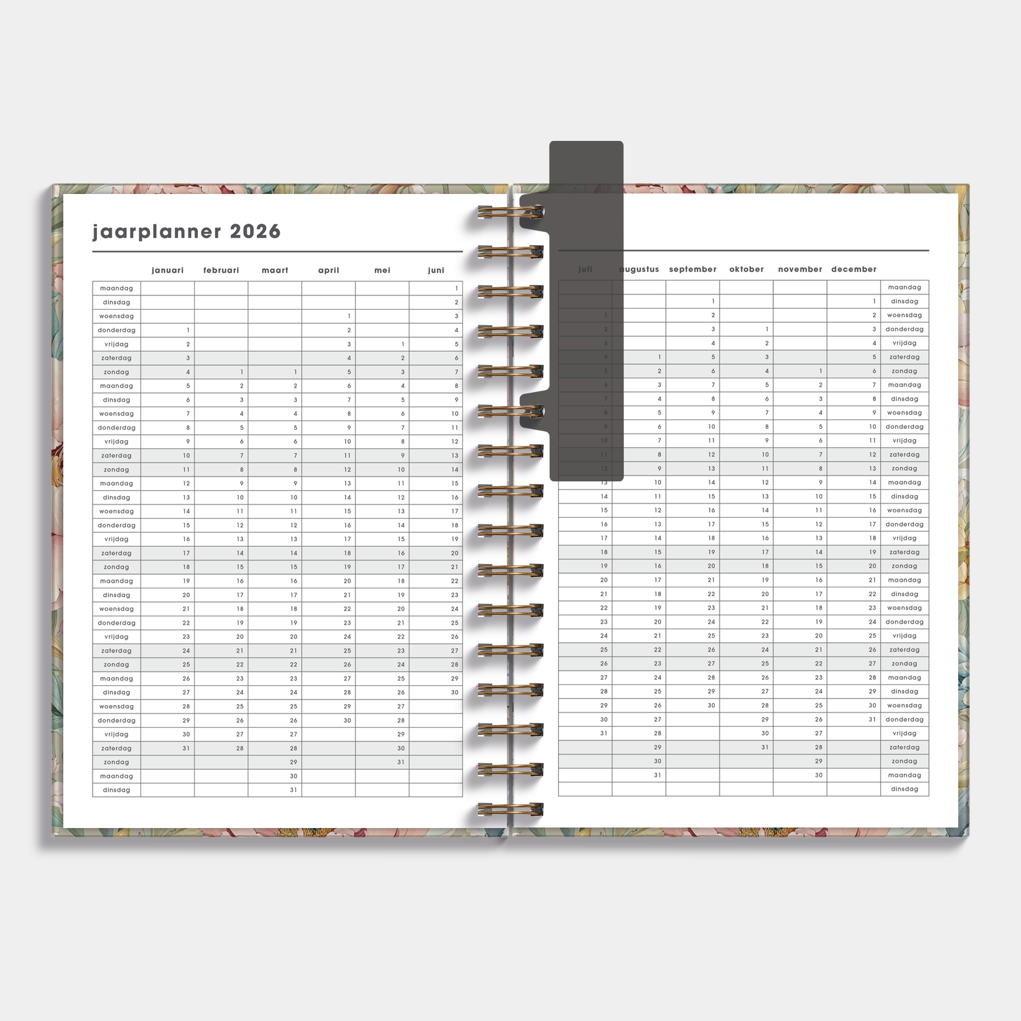 Ringband agenda 2025 - 2026 A5 met vintage bloemenprint – binnenwerk met jaarplanner.